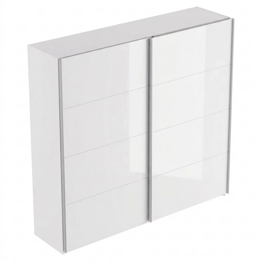 Moderner Schwebetürenschrank mit Einlegeböden und Kleiderstange, Weiß Glanz, 220 cm
