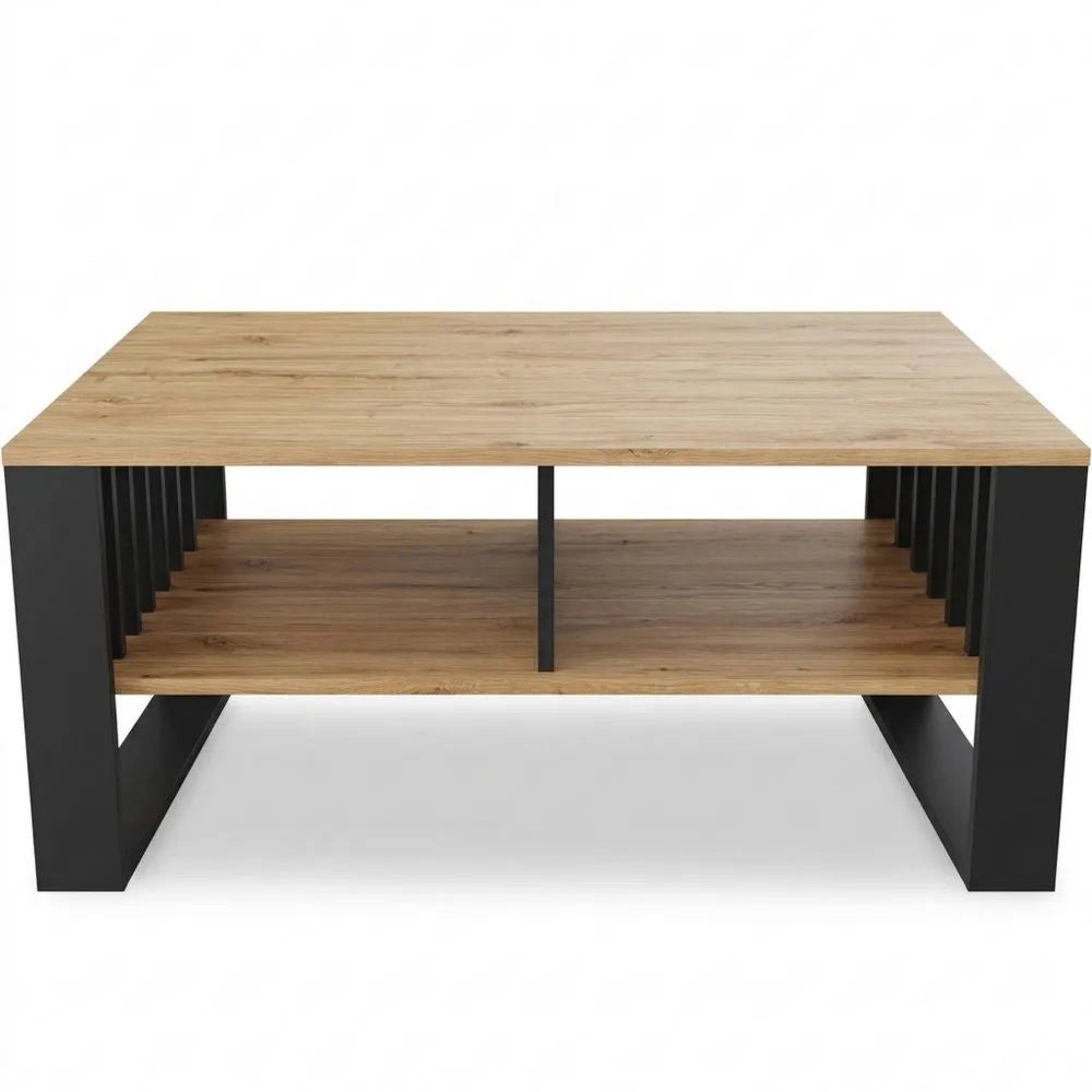 Moderner Wohnzimmertisch mit Stauraum und Lamellenelementen, 90 x 50 x 50 cm, Eiche