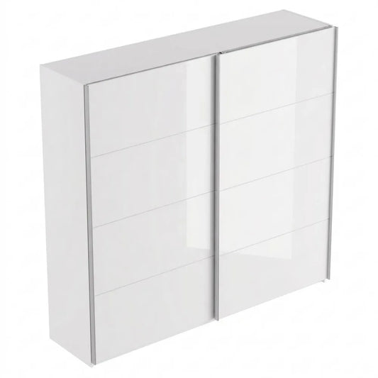 Moderner Schwebetürenschrank mit Einlegeböden und Kleiderstange, Weiß Glanz, 220 cm