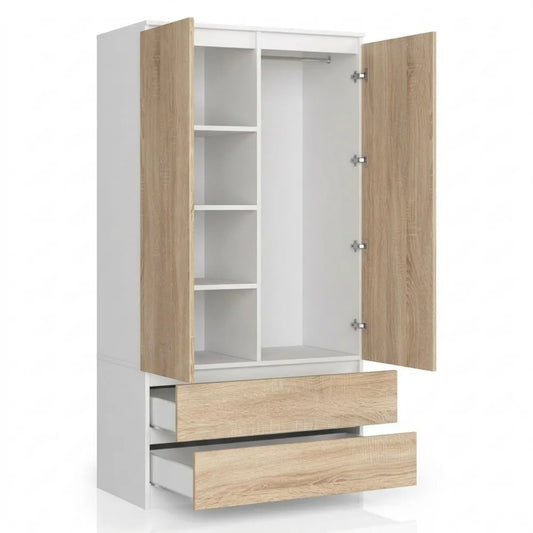 Zweiflügeliger Kleiderschrank mit Einlegeböden und Schubladen, vielseitig verwendbar, Weiß/Eiche